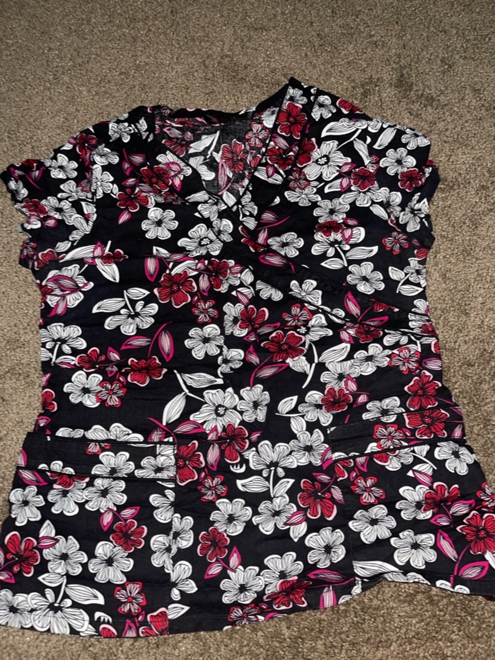 Xhilaration Black Floral Button-Front Top with Burgundy and White Flowers